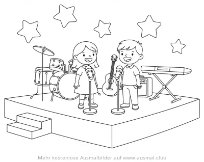 Musikbühne mit singenden Kindern Ausmalbild