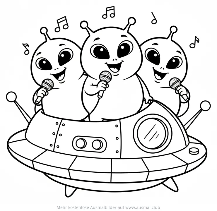 Drei Aliens singen in einem Raumschiff Ausmalbild