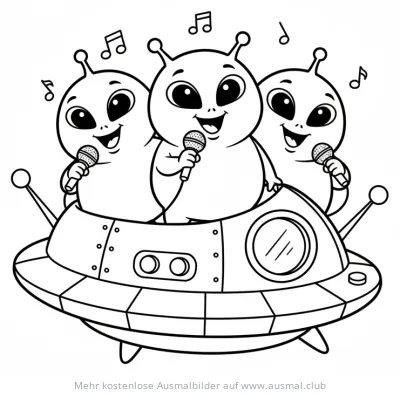 Drei Aliens singen in einem Raumschiff Ausmalbild