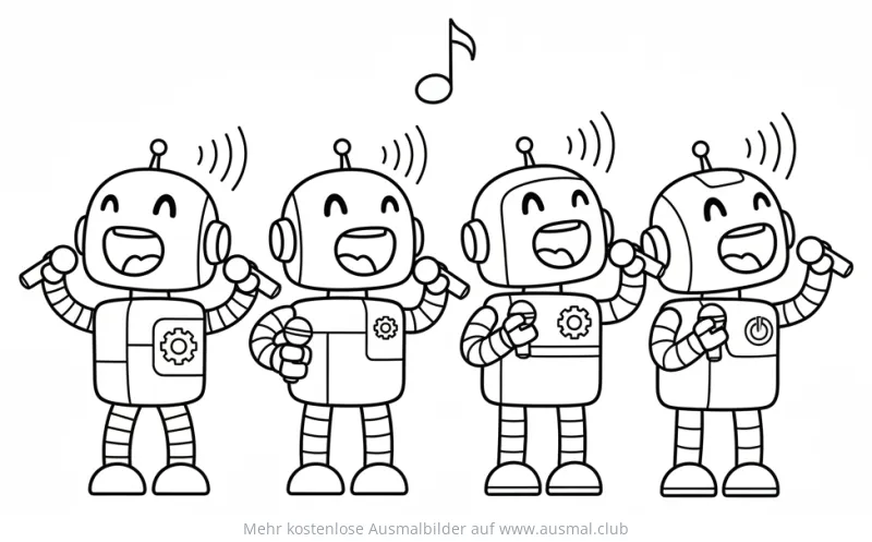 Vier singende Roboter mit Mikrofonen Ausmalbild