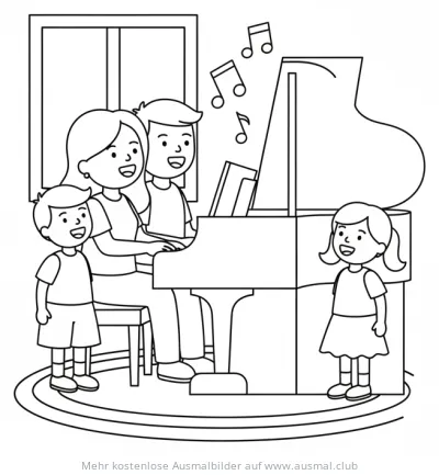 Familie spielt Klavier und singt Ausmalbild