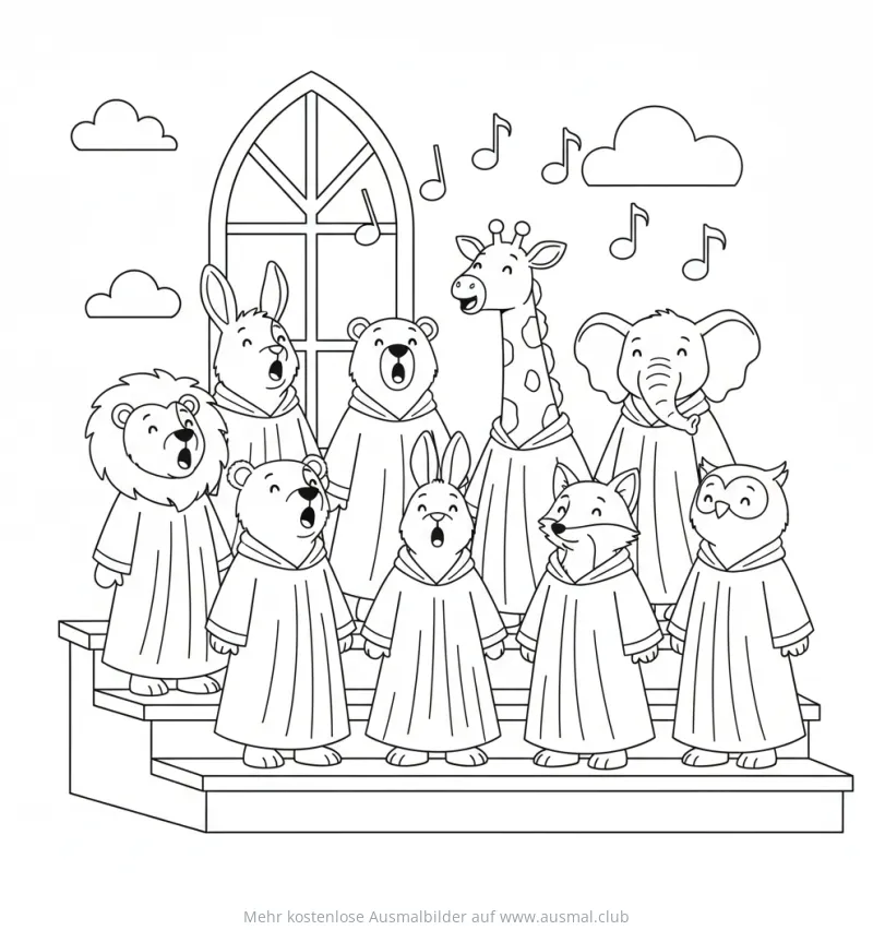 Tierchor mit Löwe, Bär, Hase, Giraffe, Elefant, Fuchs und Eule Ausmalbild