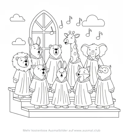 Tierchor mit Löwe, Bär, Hase, Giraffe, Elefant, Fuchs und Eule Ausmalbild