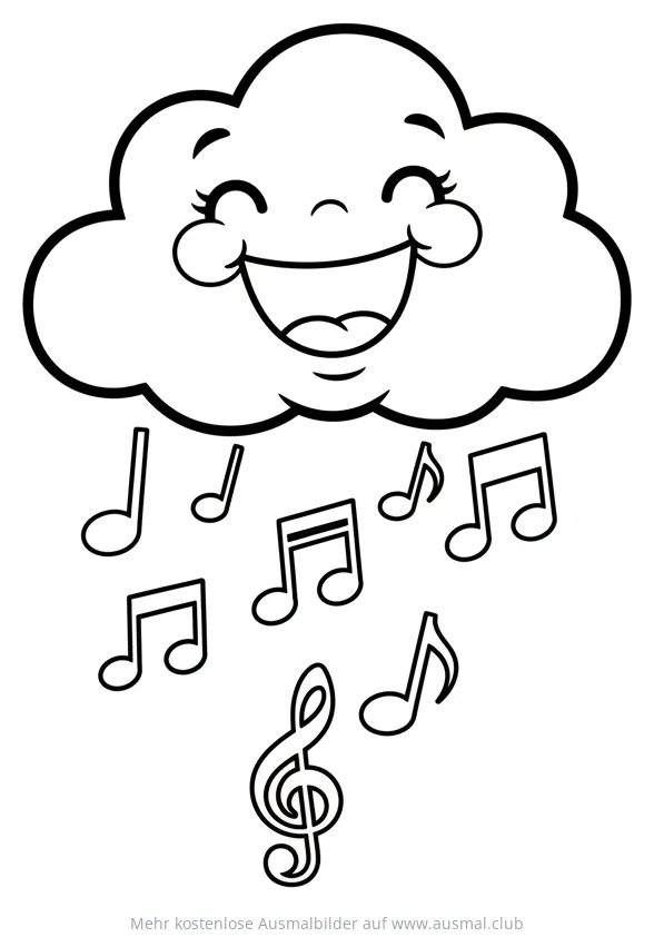 Lachende Wolke mit fallenden Noten Ausmalbild