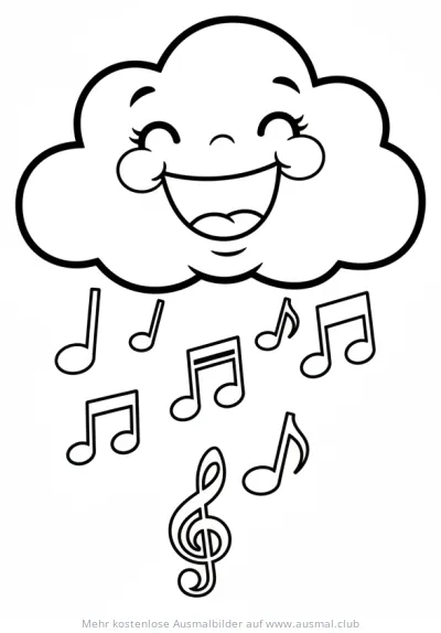 Lachende Wolke mit fallenden Noten Ausmalbild