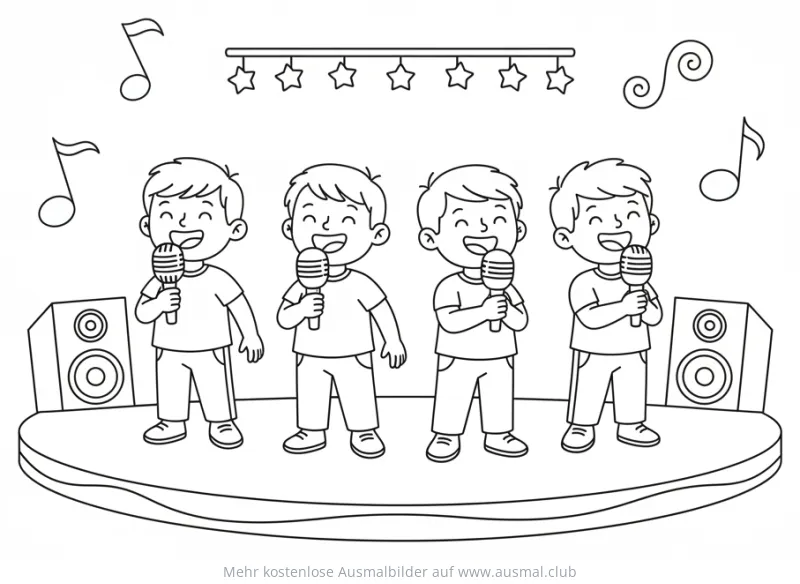 Vier Jungen singen im Chor auf einer Bühne Ausmalbild