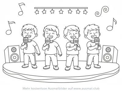 Vier Jungen singen im Chor auf einer Bühne Ausmalbild