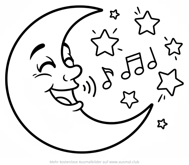 Singender Mond mit Sternen und Noten Ausmalbild