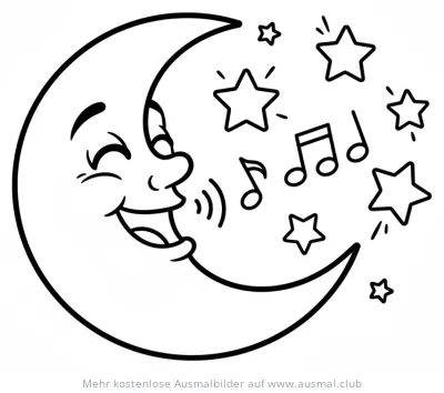 Singender Mond mit Sternen und Noten Ausmalbild