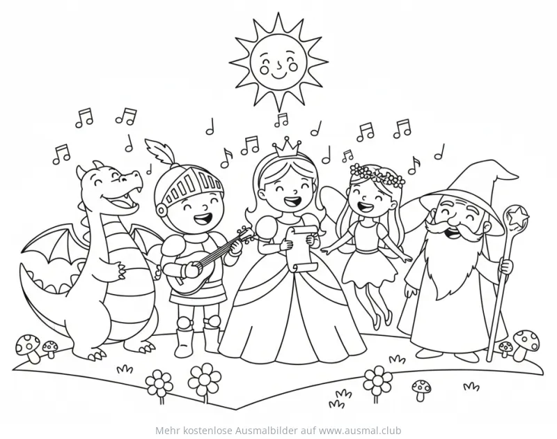 Märchenchor mit Drache, Ritter, Prinzessin, Fee und Zauberer Ausmalbild