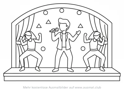 Sänger mit Mikrofon und zwei Tänzer auf einer Bühne Ausmalbild