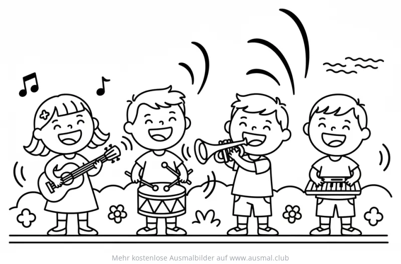 Fröhliche Kinderband spielt Musik Ausmalbild