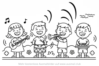 Fröhliche Kinderband spielt Musik Ausmalbild