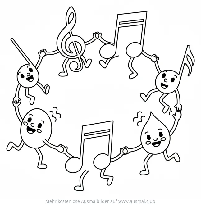 Tanzende Noten und Notenschlüssel Ausmalbild