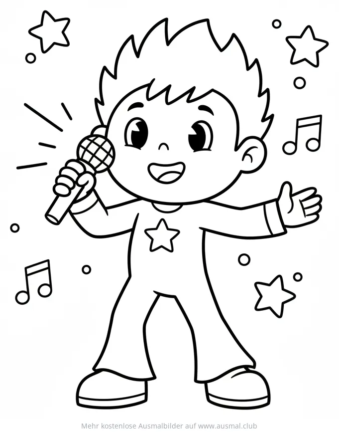 Junge singt mit Mikrofon, Sterne und Noten Ausmalbild