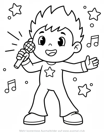 Junge singt mit Mikrofon, Sterne und Noten Ausmalbild