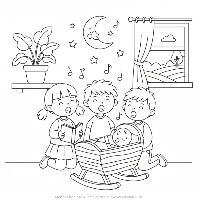 Kinder singen Schlaflied für Baby in Wiege Ausmalbild