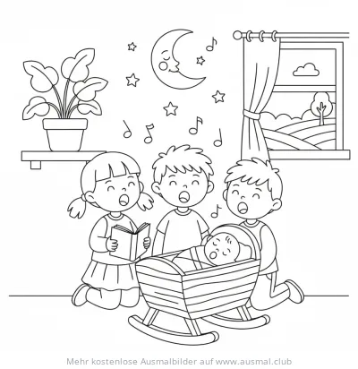 Kinder singen Schlaflied für Baby in Wiege Ausmalbild