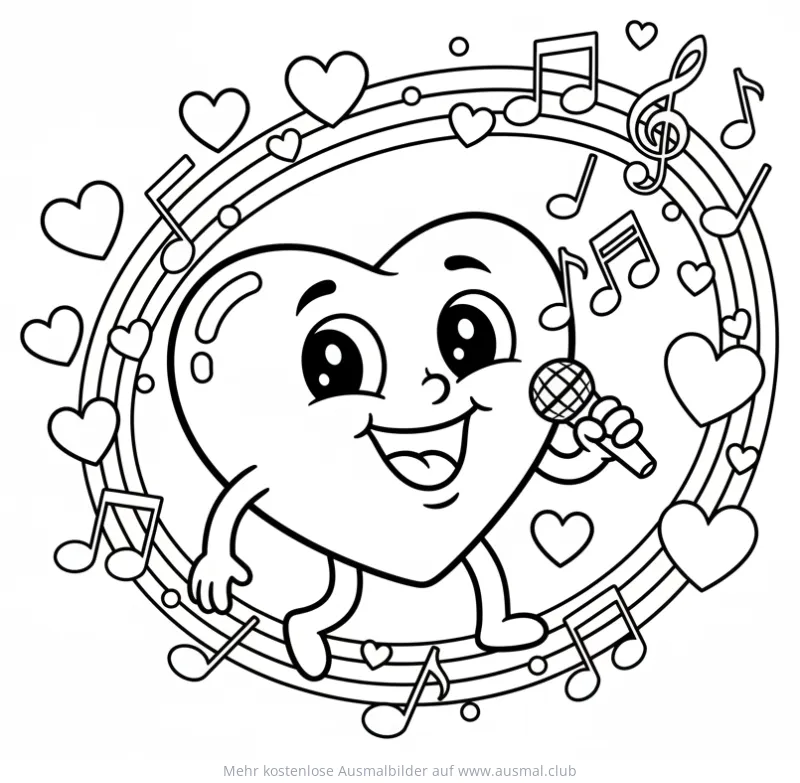 Singendes Herz mit Mikrofon Ausmalbild