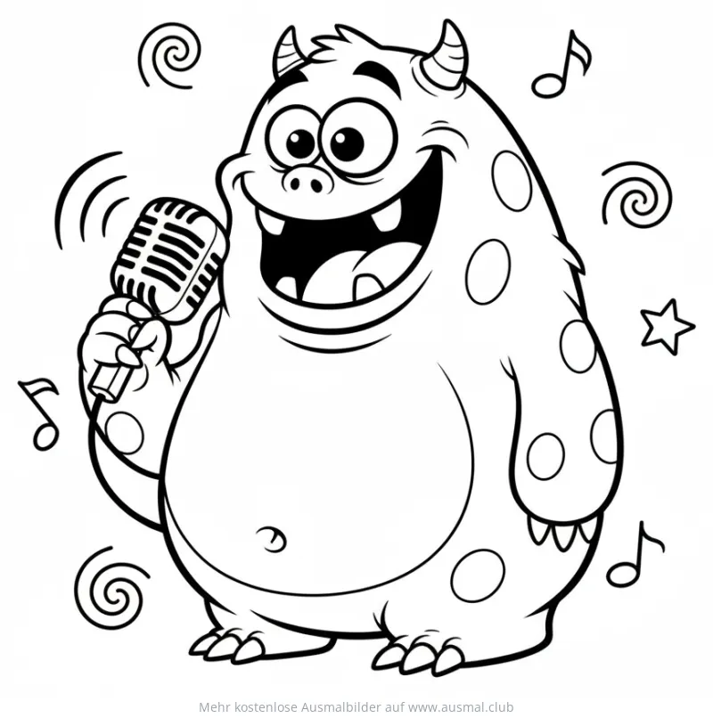 Fröhliches Monster singt in Mikrofon Ausmalbild