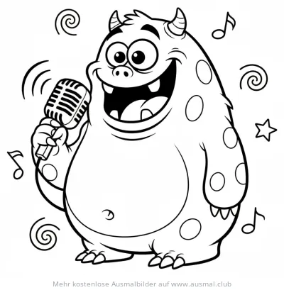 Fröhliches Monster singt in Mikrofon Ausmalbild