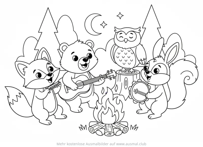 Fröhliche Tiere musizieren am Lagerfeuer Ausmalbild