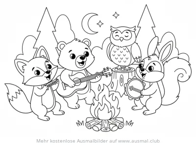 Fröhliche Tiere musizieren am Lagerfeuer Ausmalbild