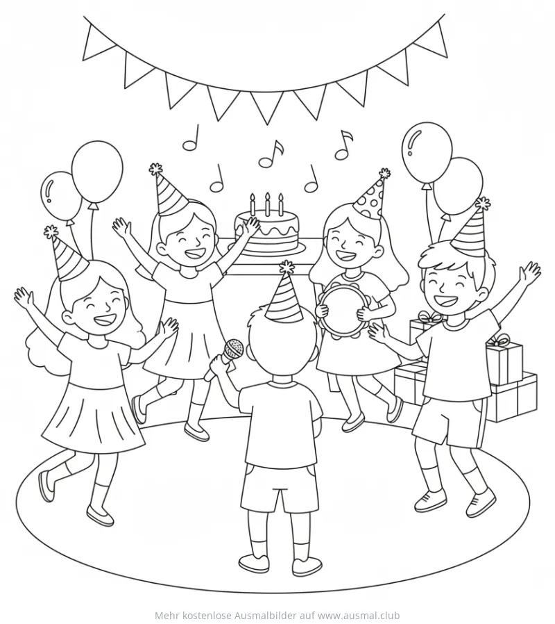 Kinder Party mit Kuchen und Musik Ausmalbild