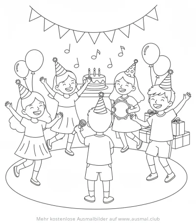 Kinder Party mit Kuchen und Musik Ausmalbild