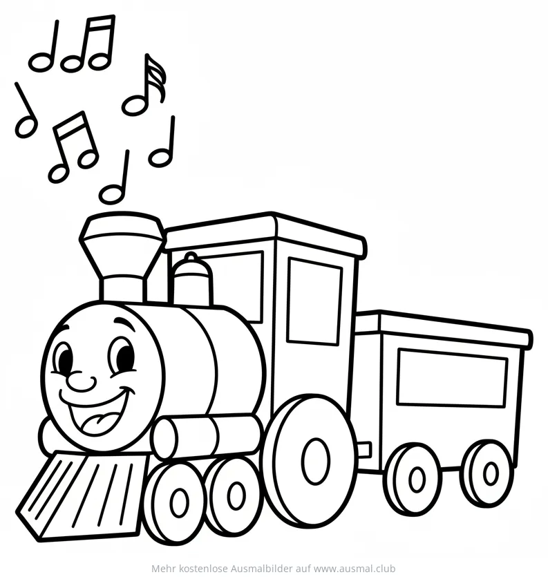Freundlicher Zug mit Waggon und Noten Ausmalbild