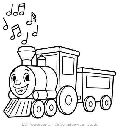 Freundlicher Zug mit Waggon und Noten Ausmalbild