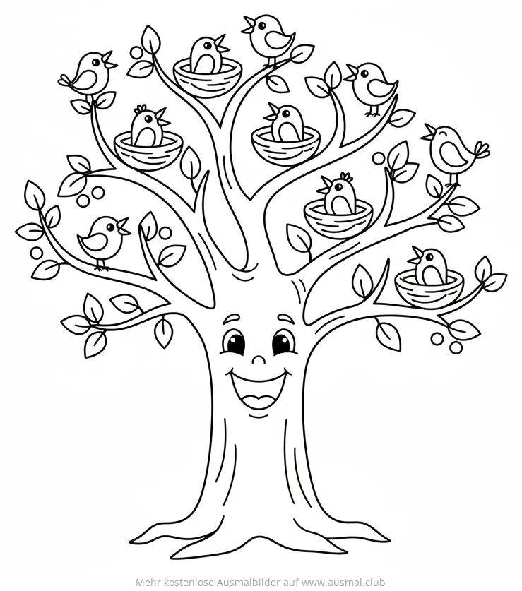 Lustiger Baum mit Vögeln und Nestern Ausmalbild