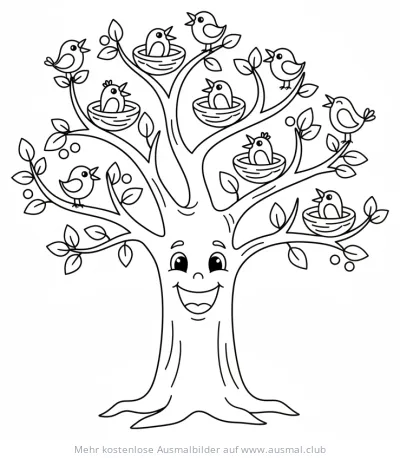 Lustiger Baum mit Vögeln und Nestern Ausmalbild