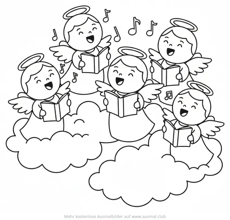 Engel singen im Chor auf Wolken Ausmalbild