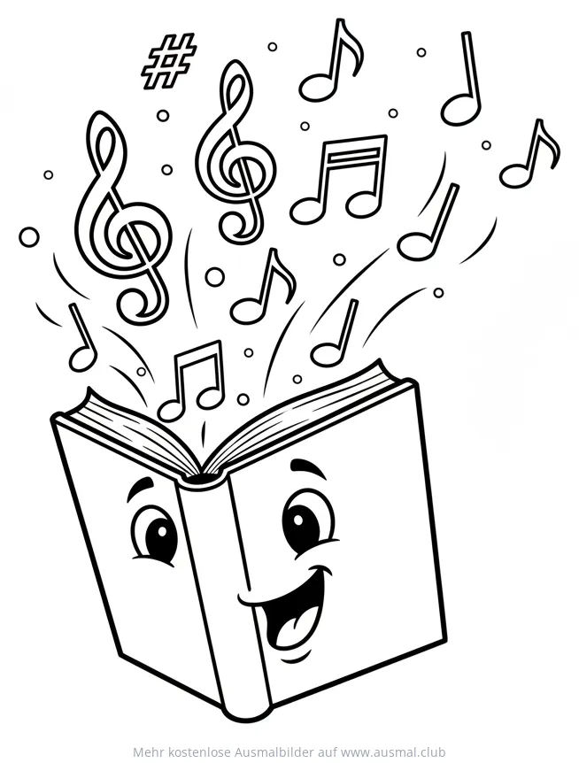 Buch mit Gesicht und fliegenden Noten Ausmalbild
