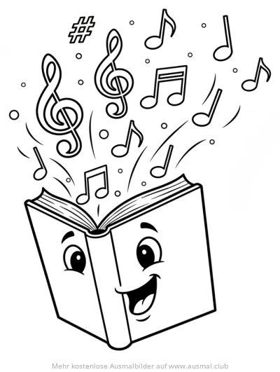 Buch mit Gesicht und fliegenden Noten Ausmalbild