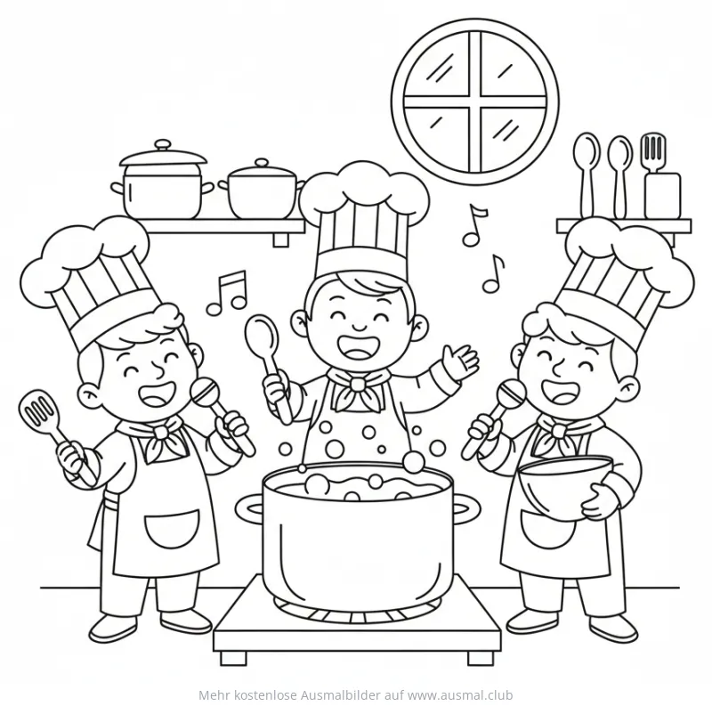 Singende Köche mit Kochtopf, Löffeln und Mikrofon Ausmalbild
