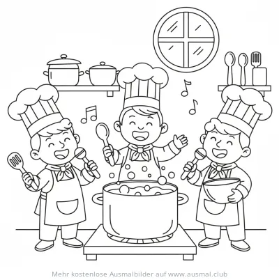 Singende Köche mit Kochtopf, Löffeln und Mikrofon Ausmalbild