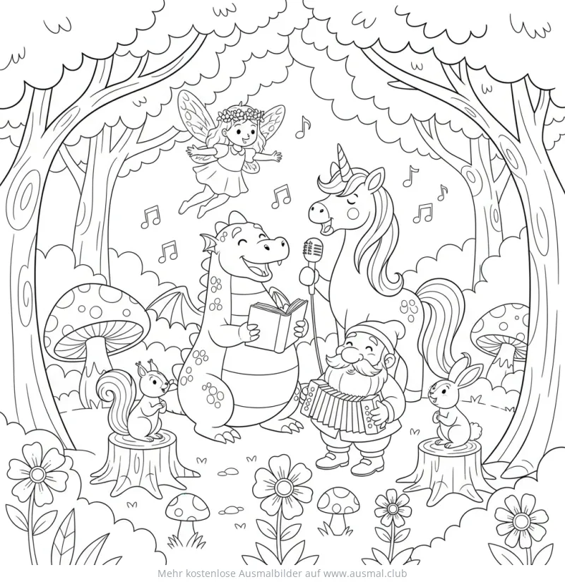 Märchenwald mit singendem Drachen, Einhorn, Zwerg und Fee Ausmalbild