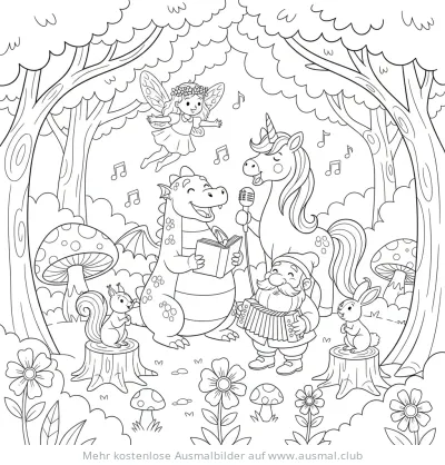 Märchenwald mit singendem Drachen, Einhorn, Zwerg und Fee Ausmalbild