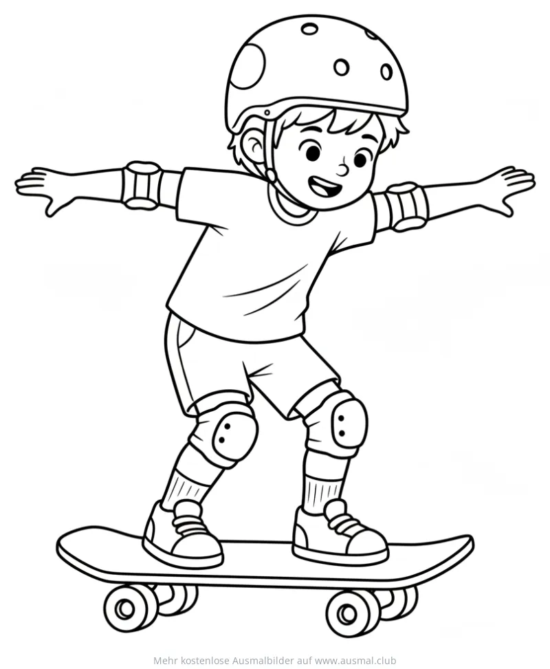 Junge mit Helm und Schutzkleidung auf Skateboard Ausmalbild