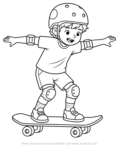 Junge mit Helm und Schutzkleidung auf Skateboard Ausmalbild