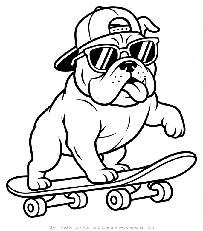 Bulldogge mit Basecap und Sonnenbrille auf Skateboard Ausmalbild