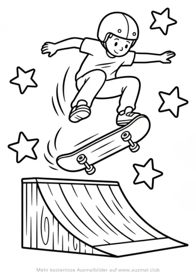 Skateboarder springt mit Skateboard über Rampe, umgeben von Sternen Ausmalbild