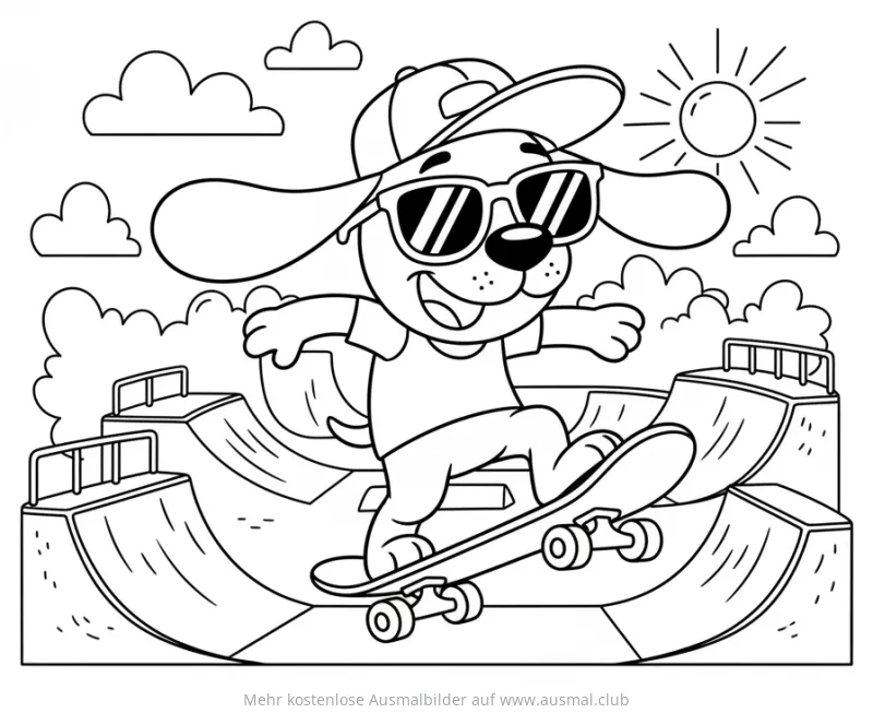 Hund mit Sonnenbrille und Cap auf Skateboard im Skatepark Ausmalbild