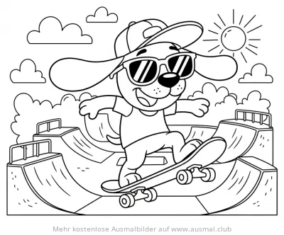 Hund mit Sonnenbrille und Cap auf Skateboard im Skatepark Ausmalbild