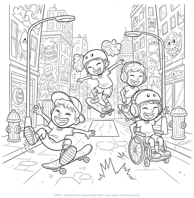 Fröhliche Kinder auf Skateboards und Rollstuhl in einer belebten Stadtstraße Ausmalbild