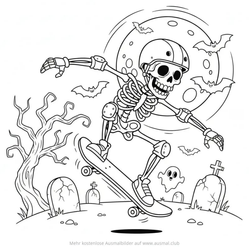 Skelett fährt Skateboard auf Friedhof Ausmalbild