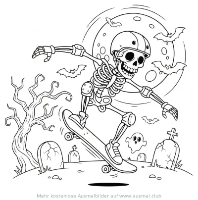 Skelett fährt Skateboard auf Friedhof Ausmalbild