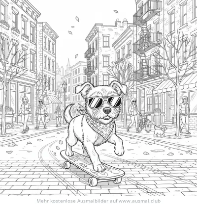 Hund mit Sonnenbrille fährt Skateboard in der Stadt Ausmalbild